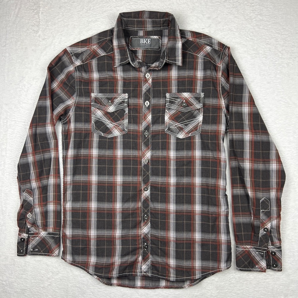 BKE Shirt Men Large Brown White Plaid Long Sleeve Athletic Fit Buckle - Picture 1 of 9